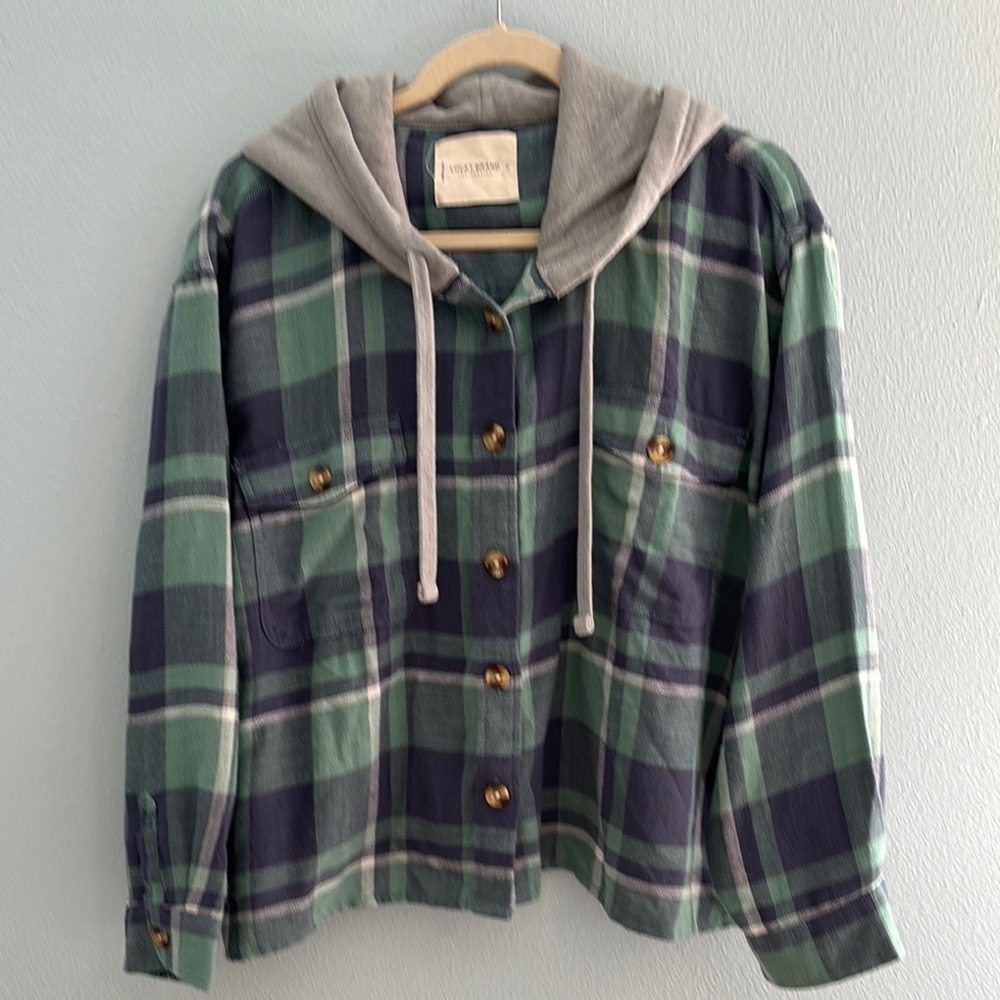 Lucky Brand Green and Blue Plaid Women's Flannel Hoodie